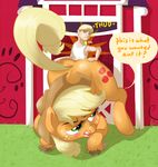  applejack_(mlp) barn blonde_hair blush cutie_mark duo equine eyes feral freckles friendship_is_magic grass green_eyes hair horse human my_little_pony orange_fur pony size_difference unknown_artist 