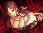  1girl aile_(crossroads) ass bangs blood blood_stain breasts brown_hair center_opening choker consort_yu consort_yu_(fate) ear_piercing eyebrows_visible_through_hair fate/grand_order fate_(series) hair_in_mouth head_tilt large_breasts long_hair looking_at_viewer lying off_shoulder on_stomach open_mouth panties piercing purple_hair red_background red_eyes signature signed solo underwear 