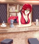  breast_hold breast_squeeze breasts cleavage cup dress formal green_eyes hanging_breasts highres hips large_breasts leaning_forward low-cut original red_hair ryuuzouji_usagi short_hair solo v-neck 
