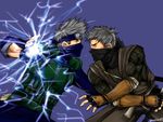  battle buuzen covered_mouth crossover duel electricity energy_ball faceoff fingerless_gloves forehead_protector gloves hatake_kakashi male_focus multiple_boys muscle naruto naruto_(series) ninja ninjatou rikimaru short_sword silver_hair sword tenchuu trait_connection weapon 