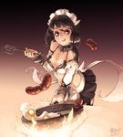  :q apron black_hair black_legwear bra breasts character_request cleavage cooking food fried_egg garter_straps heart heart-shaped_pupils highres junkpuyo licking_lips maid maid_apron maid_headdress midriff red_eyes s4_league sausage short_hair skillet skirt smile solo spatula symbol-shaped_pupils thighhighs tongue tongue_out underwear waist_apron 