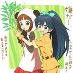  amami_haruka animal_costume animal_ears aqua_eyes bamboo black_hair fingerless_gloves ganaha_hibiki gloves green_eyes hiboshi_daizu highres idolmaster idolmaster_(classic) long_hair multiple_girls open_mouth panda_costume panda_ears safari_jacket sweater tears translated 