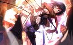  black_hair blue_eyes brown_jacket cable dutch_angle emblem highres jacket long_sleeves looking_at_viewer mikasa_ackerman military military_uniform motion_blur pants paradis_military_uniform shingeki_no_kyojin short_hair survey_corps_(emblem) sword swordsouls thigh_strap three-dimensional_maneuver_gear uniform weapon wire 