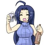  =_= ahoge alcohol asahi_breweries bare_shoulders beer beer_can blue_hair bottle breasts can drunk idolmaster idolmaster_(classic) large_breasts long_hair miura_azusa ribbed_sweater sake_bottle seki_(red_shine) sleeveless sleeveless_turtleneck solo sweater turtleneck 