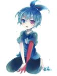  :o ahoge barefoot blue_eyes blue_hair blush full_body heterochromia kneeling male_focus pants puyopuyo puyopuyo_fever red_eyes shirt sig_(puyopuyo) simple_background solo wet white_background yosaki_(shoki1white) 