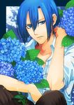  bad_id bad_pixiv_id blue blue_eyes blue_hair flower highres hijirikawa_masato hydrangea male_focus solo tierra818 uta_no_prince-sama 