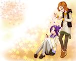  blathvean blush drawing eye_contact flower futari_wa_precure_splash_star hair_bun half_updo highres hyuuga_saki jacket leaf long_hair looking_at_another maple_leaf mishou_mai multiple_girls orange_eyes orange_hair pantyhose pencil precure purple_eyes purple_hair short_hair shorts sitting skirt smile standing sweater 