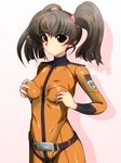  1girl bodysuit breasts brown_eyes brown_hair looking_at_viewer misaki_yuria nenngajyoh shiny shiny_clothes skin_tight solo twintails uchuu_senkan_yamato uchuu_senkan_yamato_2199 uniform 