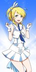  :d ayase_eli blonde_hair blue_neckwear clenched_hands earrings feathers fingerless_gloves gloves green_eyes hair_feathers hair_ribbon jewelry kidachi looking_at_viewer love_live! love_live!_school_idol_project necktie open_mouth ponytail ribbon sailor_collar smile solo vest white_gloves wonderful_rush 