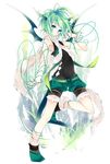  androgynous bare_shoulders boots demon demon_boy demon_tail demon_wings green_eyes green_hair highres horns leeannpippisum looking_at_viewer male_focus multicolored multicolored_eyes original otoko_no_ko pointy_ears red_eyes short_hair shorts solo tail wings 