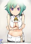  aquarion_(series) aquarion_evol breast_hold breasts cleavage cleavage_cutout crossed_arms green_hair medium_breasts midriff navel purple_eyes short_hair shorts smile solo takayaki zessica_wong 