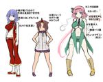  aoshima blue_eyes blue_hair boots breasts brown_eyes brown_hair chen dress ghost hong_meiling horn hoshiguma_yuugi if_they_mated konpaku_youmu large_breasts multiple_girls pants pink_eyes red_eyes red_footwear red_pants remilia_scarlet revealing_clothes saigyouji_yuyuko shoes touhou translation_request white_dress yellow_footwear 