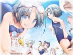  adjusting_clothes adjusting_swimsuit akino_coto animal_ears animal_hood bow cat_ears cat_hood cat_tail closed_eyes highres hood looking_at_viewer md5_mismatch multiple_girls one-piece_swimsuit open_mouth original school_swimsuit short_hair swimsuit tail 