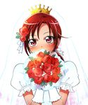  blush bouquet crown dress earrings flower gloves gown hair_flower hair_ornament heart hino_akane_(smile_precure!) jewelry kagami_chihiro precure puffy_sleeves red_eyes red_flower red_hair red_rose rose short_hair simple_background smile_precure! solo wedding_dress white_background white_dress white_gloves 