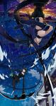  battle bikini_top black_hair black_rock_shooter black_rock_shooter_(character) boots chain city dead_master duel green_eyes highres horns jacket justminor katana long_hair midair midriff multiple_girls scythe shorts sunset sword twintails very_long_hair weapon wings 