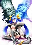  asymmetrical_wings bare_shoulders blue_hair blush boots bow breasts choker cleavage dizzy guilty_gear hair_bow highres indian_style large_breasts long_hair mizuyan navel necro_(guilty_gear) open_mouth red_eyes ribbon sitting skull solo tail tail_ribbon thighhighs twintails underboob undine_(guilty_gear) wings 