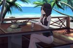  arm_support beach black_hair black_swimsuit breasts casual_one-piece_swimsuit cleavage crossed_legs date_a_live day hair_over_one_eye kikivi long_hair medium_breasts one-piece_swimsuit outdoors palm_tree red_eyes sitting smile solo swimsuit tokisaki_kurumi tree water 