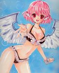  :d animal_ears bad_id bad_pixiv_id bikini bird_wings blue_background breasts cleavage large_breasts looking_at_viewer millipen_(medium) mitsuba_(threeleaf) mystia_lorelei navel open_mouth pink_eyes pink_hair reaching_out ribbon short_hair simple_background smile solo swimsuit touhou traditional_media wings 