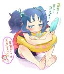  barefoot blue_eyes blue_hair casual feet food glasses hanasaki_tsubomi heartcatch_precure! innertube kurumi_erika long_hair moudoku_(decopon3rd) multiple_girls pink_hair popsicle precure shirt shorts soles summer sweat t-shirt toes tongue tongue_out translated twintails 