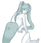  ass back breasts from_behind green_eyes green_hair hair_ornament hatsune_miku long_hair looking_back medium_breasts mermaid minerva_(artist) monster_girl monsterification sideboob solo tattoo twintails vocaloid 