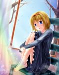  :o alice_margatroid bad_id bad_pixiv_id barefoot blonde_hair blue_eyes casual chair dress feet_on_chair full_body hairband highres husky_(artist) knees_up leg_hug light_particles short_hair sitting solo touhou window 