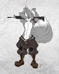  anthro belt biceps boots canine clothing dullvivid footwear fur grey_fur gun looking_at_viewer male mammal muscles navel nintendo pants pecs pose ranged_weapon rifle shorts solo standing star_fox topless video_games weapon white_fur wolf wolf_o&#039;donnell wolf_o'donnell 