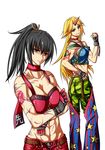  abs alternate_costume belt black_hair blonde_hair bra breasts brown_eyes casual chaps choker cleavage clenched_hand crossed_arms fingerless_gloves gloves hair_ribbon halter_top halterneck hand_on_hip horn hoshiguma_yuugi jitome large_breasts long_hair m.u.g.e.n midriff multiple_girls muscle muscular_female open_fly original panties ponytail red_eyes ribbon samuimu sarashi scar scarf sendai_hakurei_no_miko striped tattoo touhou underwear unzipped vertical_stripes 