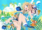  :d aqua_sarong bad_id bad_pixiv_id barefoot bikini blonde_hair blue_eyes blush bracelet bubble feet fish flower happy highres jewelry legs long_hair open_mouth original print_sarong sakisato_kiriko sarong smile soles solo swimsuit toes water_drop 