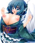  blue_eyes blue_hair blush breasts fishing_hook head_fins huge_breasts japanese_clothes kimono mermaid monster_girl nipples obi open_mouth sash short_hair solo suzuki_nene topless touhou wakasagihime wide_sleeves 