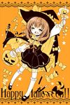  :d ^_^ arm_up bobby_socks bow candy candy_cane candy_wrapper cape closed_eyes dress fang food halloween happy_halloween hat jack-o'-lantern kneehighs lollipop mary_janes open_mouth orange_hair pocky sakurazawa_izumi shoes smile socks star swirl_lollipop umineko_no_naku_koro_ni ushiromiya_maria witch_hat 