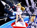  antennae aoi_yuu_(komeda_yuu) armd blonde_hair boots cannon chibitora_(niconico) cosplay dress earrings earth energy_cannon gloves highres jewelry lynn_minmay lynn_minmay_(cosplay) macross macross:_do_you_remember_love? macross_frontier mecha microphone music planet rocket_launcher science_fiction sdf-1 singing space space_craft star_(sky) u.n._spacy vf-1 vf-1_strike weapon 