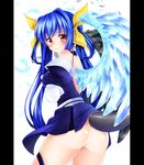  ass asymmetrical_wings bare_shoulders black_feathers blue_hair blush bow choker dizzy feathers guilty_gear hair_bow highres hinagesi1206 long_hair looking_back navel no_panties pillarboxed red_eyes ribbon solo tail tears thighhighs twintails wings 