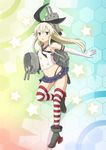  1mm_(norizo) anchor anchor_hair_ornament bare_shoulders black_panties blonde_hair boots elbow_gloves gloves grey_footwear hair_ornament hairband high_heel_boots high_heels kantai_collection long_hair midriff miniskirt navel panties rensouhou-chan shimakaze_(kantai_collection) skirt solo star striped striped_legwear thighhighs underwear white_gloves 