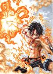  absurdres battle black_hair blood elbow_pads fire highres jewelry male_focus necklace one_piece portgas_d_ace shirtless smile smoke solo takumi_(marlboro) tattoo wiping_mouth 
