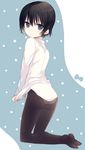  ass bad_id bad_pixiv_id black_hair black_legwear blue_background blue_eyes dress_shirt kneeling looking_back nakayama_miyuki no_pants no_shoes original panties panties_under_pantyhose pantyhose polka_dot shirt shirt_tug short_hair solo thighband_pantyhose underwear 