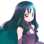  1girl bangs bare_shoulders black_hair breasts cleavage_cutout closed_mouth commentary_request copyright_request dress expressionless long_hair purple_dress red_eyes reiesu_(reis) signature simple_background small_breasts solo upper_body white_background 