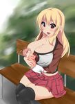  1girl age_difference black_legwear black_thighhighs blonde_hair breast_feeding breast_sucking breasts brown_eyes child cleavage highres huge_breasts ken-ken-ken-ken long_hair miniskirt mother_and_son open_mouth outdoors park sitting size_difference skirt thighhighs 