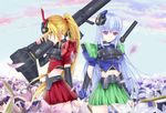  bazooka blonde_hair dom green_eyes gundam gundam_0079 mobile_suit_gundam multiple_girls purple_eyes ryuuzouji_usagi silver_hair skirt weapon yuri 