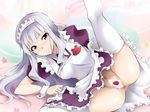  anus apron cream detached_collar food frog fruit idolmaster idolmaster_(classic) kaiga long_hair maid maid_headdress pubic_hair puffy_sleeves purple_eyes shijou_takane short_sleeves silver_hair smile solo strawberry thighhighs very_long_hair white_legwear 