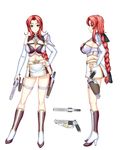  armor bare_shoulders boots bra breasts character_profile cleavage from_side gauntlets green_eyes gun hand_on_hip handgun high_heels highres holster jewelry knee_boots large_breasts long_hair midriff miniskirt multiple_views navel original profile red_hair revolver ribbon ryuuzouji_usagi shoes sideboob simple_background skirt thigh_holster underwear very_long_hair weapon white_background 