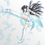  aqua_eyes black_hair boots breasts cross-laced_footwear dress eyeshadow feathers frills frown full_body gloves hair_ornament highres kicking knee_boots lace-up_boots long_hair makeup medium_breasts melanie_malachite miyabi_urumi rwby solo standing standing_on_one_leg white_background 