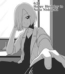  7001 beaker birthday character_name collarbone dated english greyscale hand_on_another's_head happy_birthday labcoat matsumoto_rise monochrome multiple_girls nishigaki_nana sleeves_rolled_up smile yuru_yuri 