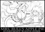  big_breasts black_and_white blush bovine bra breasts cattle cleavage clothed clothing ear_piercing female glass human male mammal monochrome mrs_bull pie piercing plate shonuff straw table tablecloth underwear 