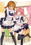  2girls antenna_hair ass blue_eyes blush braid breasts brown_hair curtains embarrassed garter_belt green_eyes happy kayou_(artist) long_hair looking_at_viewer looking_down maid maid_cafe multiple_girls open_mouth panties pink_hair shoes short_hair skirt smile standing thighhighs twintails underwear window wink 