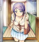  aragaki_ayase bag blue_eyes blush breasts cleavage collarbone highres koma_(wsgtt1300) long_hair medium_breasts ore_no_imouto_ga_konna_ni_kawaii_wake_ga_nai purple_hair skirt smile solo 