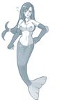  breasts earrings elbow_gloves elbow_pads final_fantasy final_fantasy_vii fingerless_gloves gloves groin hand_on_hip jewelry large_breasts long_hair low-tied_long_hair mermaid minerva_(artist) monochrome monster_girl monsterification nude smile solo tifa_lockhart 
