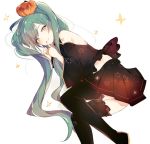  1girl bare_shoulders black_legwear black_skirt blue_hair closed_mouth commentary detached_sleeves fingernails food_themed_hair_ornament grey_eyes hair_ornament halloween hatsune_miku index_finger_raised long_hair long_sleeves looking_at_viewer lpip pumpkin pumpkin_hair_ornament shoulder_tattoo skirt smile solo star symbol_commentary tattoo thighhighs twintails very_long_hair vocaloid 