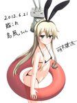  &gt;_&lt; :3 alternate_costume anchor anchor_hair_ornament ass bikini black_bikini blonde_hair blush closed_eyes dated green_eyes hair_ornament hairband highres innertube kantai_collection long_hair looking_at_viewer micro_bikini moeki_yuuta rensouhou-chan shimakaze_(kantai_collection) simple_background smile solo swimsuit thong_bikini white_background x3 