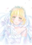  ahoge artoria_pendragon_(all) bad_id bad_pixiv_id blonde_hair bodysuit breasts bridal_veil bride dress elbow_gloves fate/stay_night fate_(series) gloves green_eyes highres lock medium_breasts nuruhachi_(honki) outstretched_hand padlock pale_color saber solo veil wedding_dress 