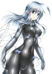  ahoge aqua_eyes bodysuit breasts cable covered_navel covered_nipples gloves long_hair medium_breasts ment original shiny shiny_clothes silver_hair simple_background skin_tight smile solo standing white_background 